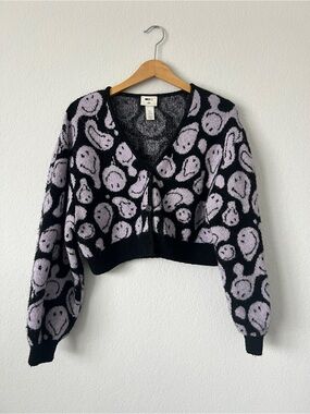 Cropped V-Neck Smiley Cardigan - Black & Lilac